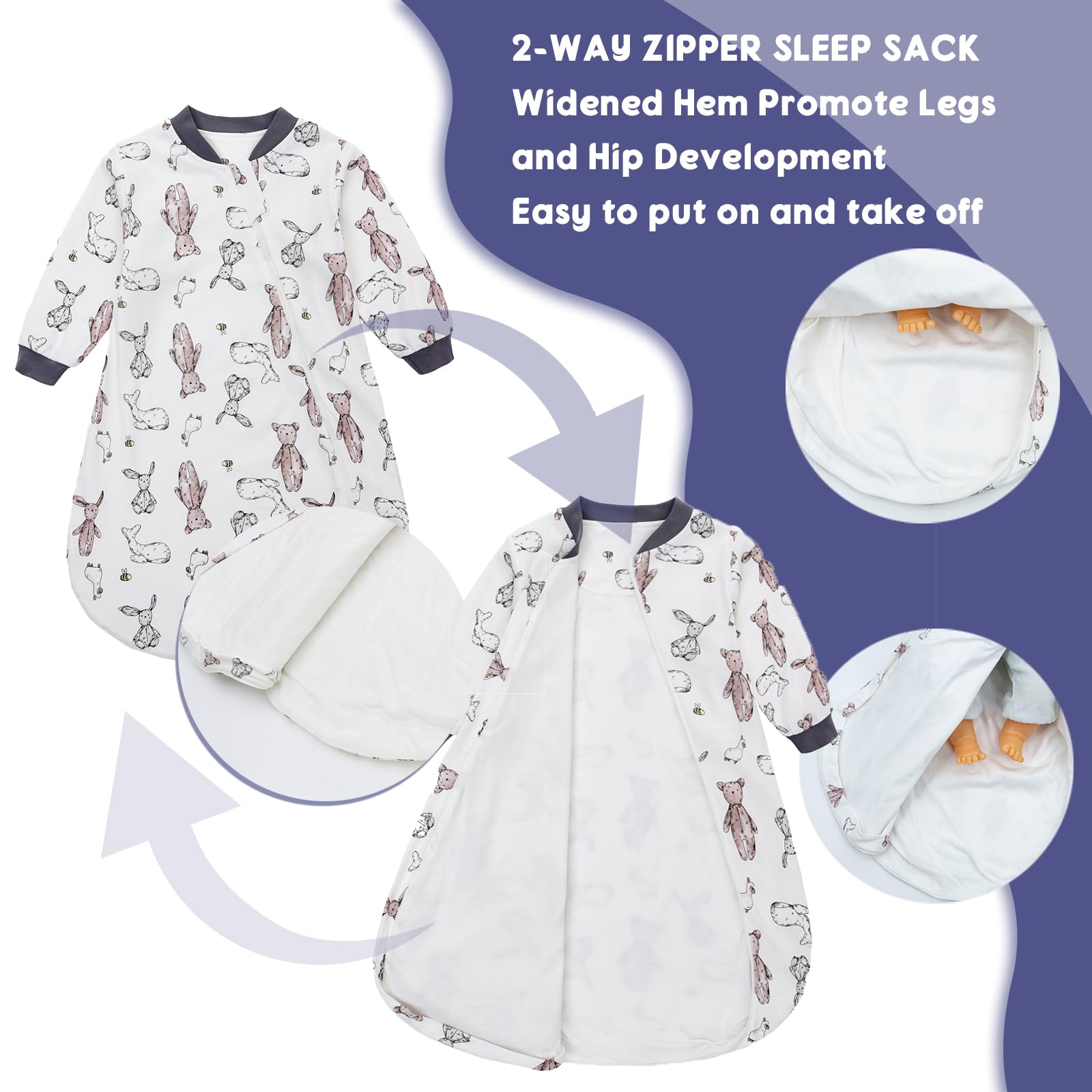 Miracle Baby Sleep Sack hip-friendly design supports natural leg movement.