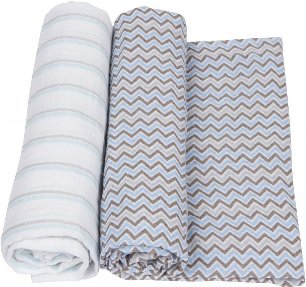 Miracle Blanket muslin swaddle in blue stripes calms newborns with breathable comfort