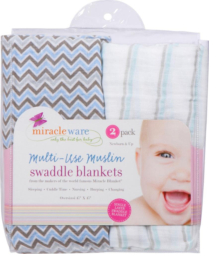 Miracle Blanket muslin swaddle in grey chevrons supports soothing sleep and easy daily care