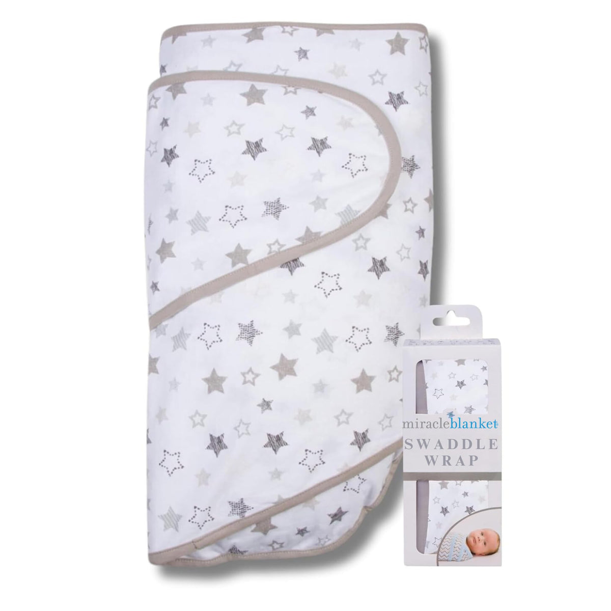 Miracle Blanket swaddle arm hug in gray stars promotes calmer sleep.