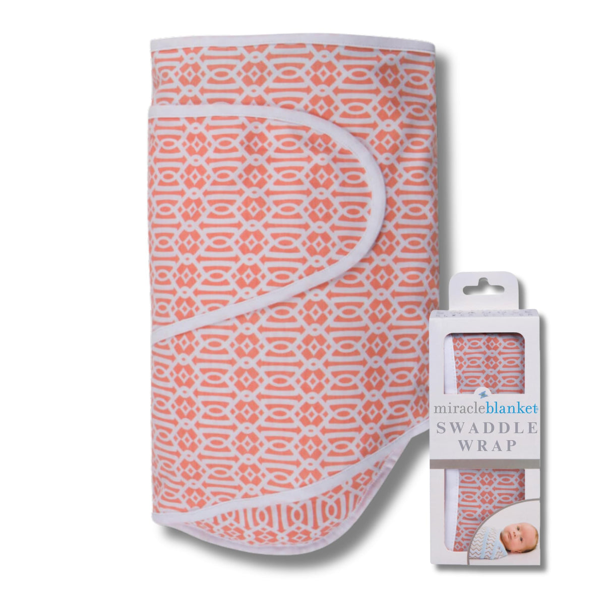 Miracle Blanket swaddle in coral lattice wrap keeps baby snug for calmer sleep