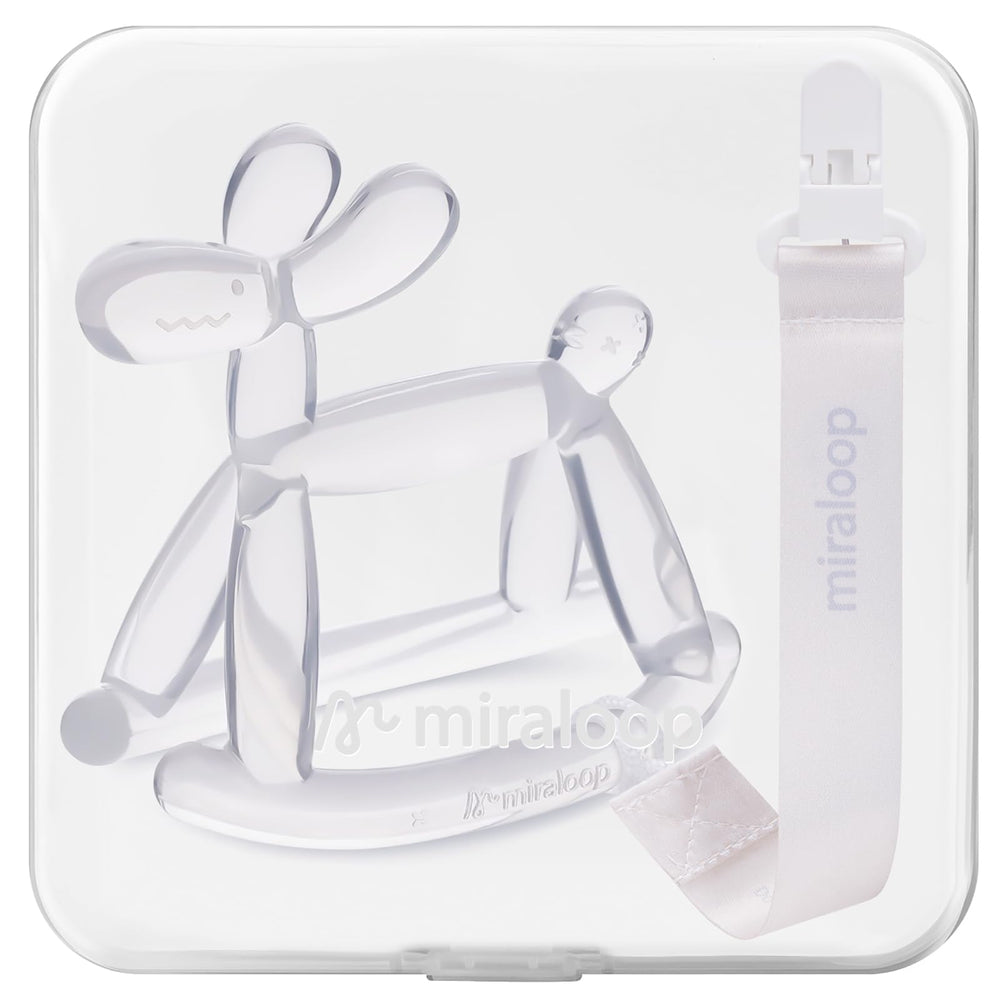 MIRALOOP baby teether rocking balloon dog soothes gums and enhances sensory exploration.