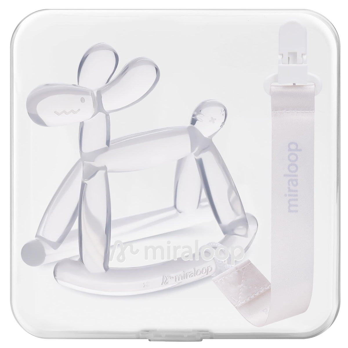 MIRALOOP baby teether rocking balloon dog soothes gums and enhances sensory exploration.