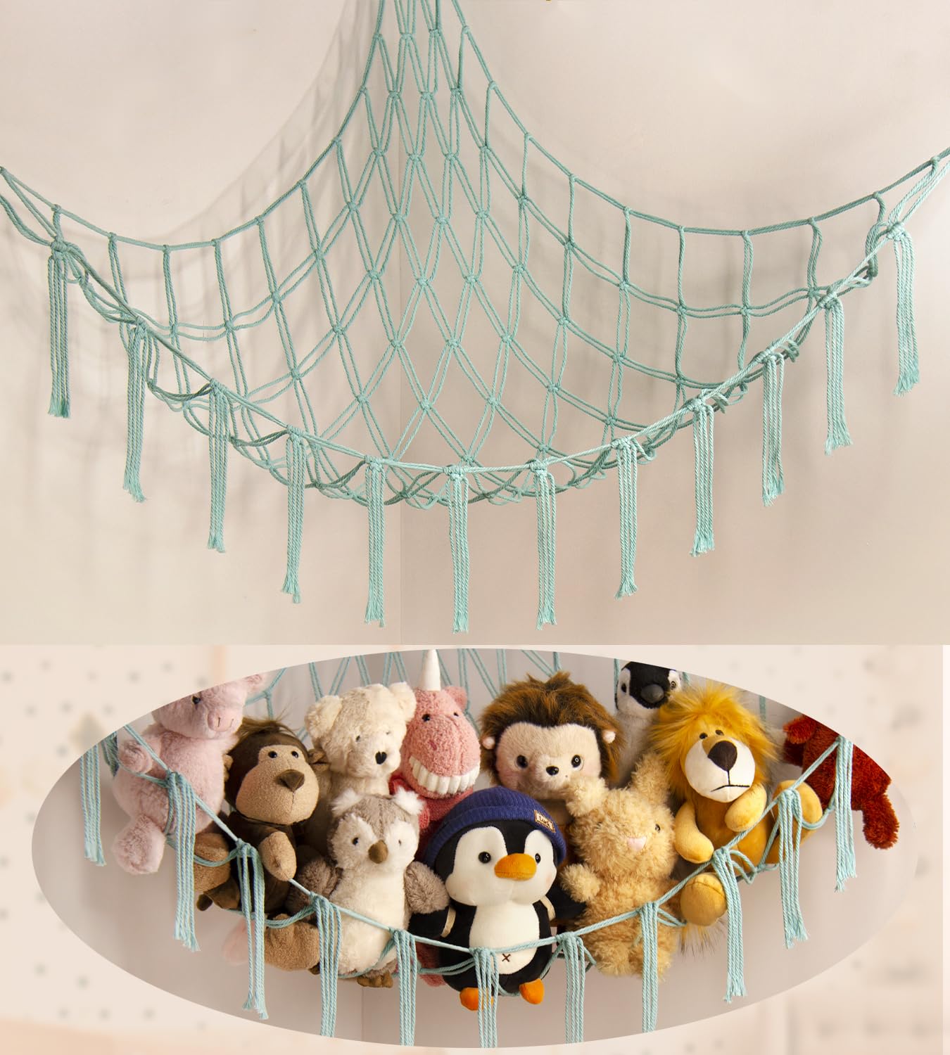 Mirolam stuffed animal hammock setup in corner for tidy toy storage