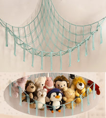 Mirolam stuffed animal hammock setup in corner for tidy toy storage