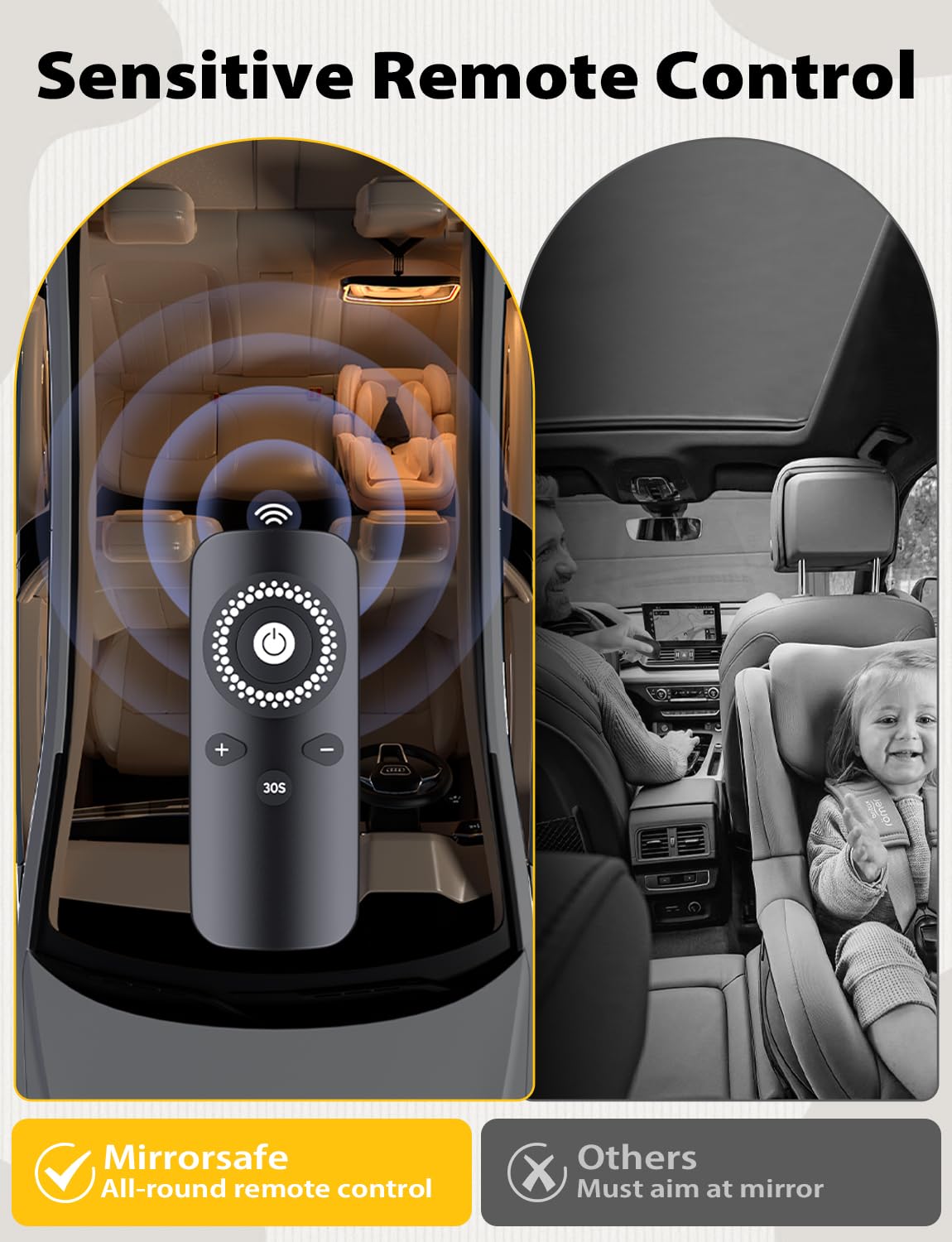Mirrorsafe 10ft reach lets you control lighting from the front seat.