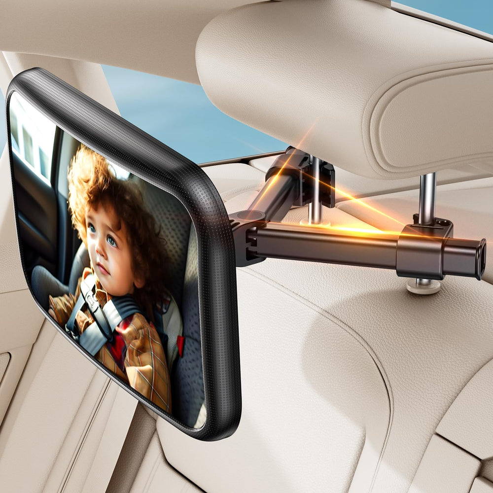 MirrorSafe baby car mirror with hook clip keeps rear seat view stable on bumpy roads.
