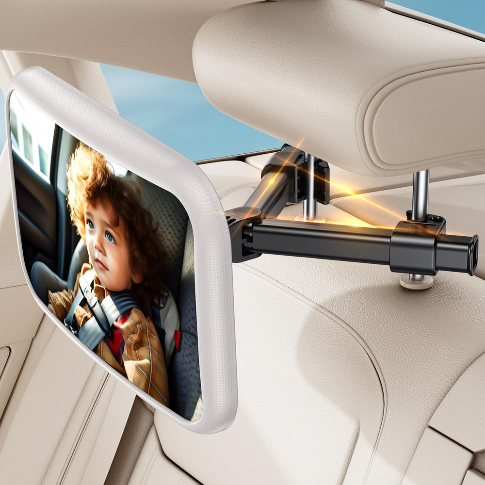 Mirrorsafe baby car mirror with stable hook clip for steady rear seat visibility.