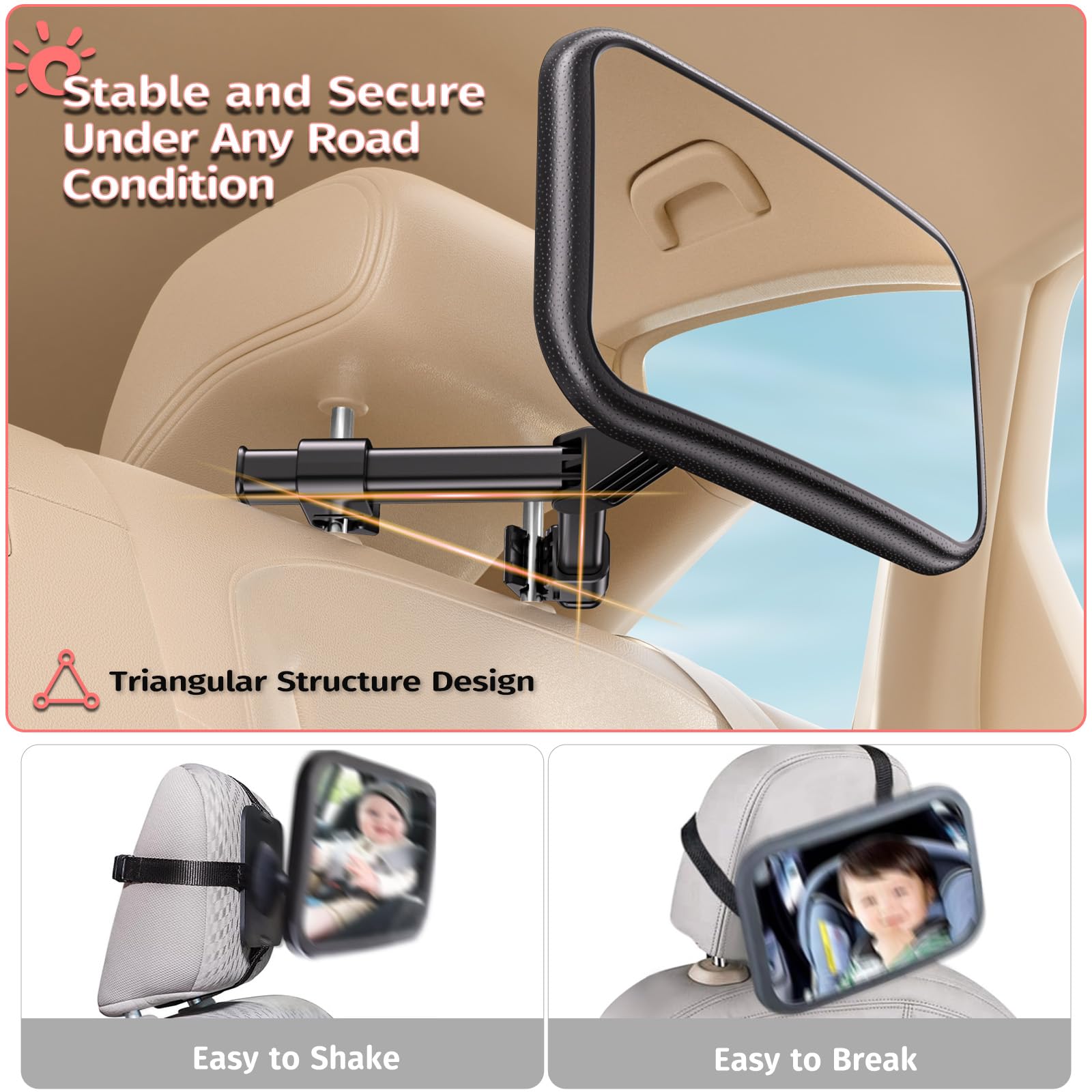 MirrorSafe wide-angle convex mirror offers a clear, wide rear view for safer driving.