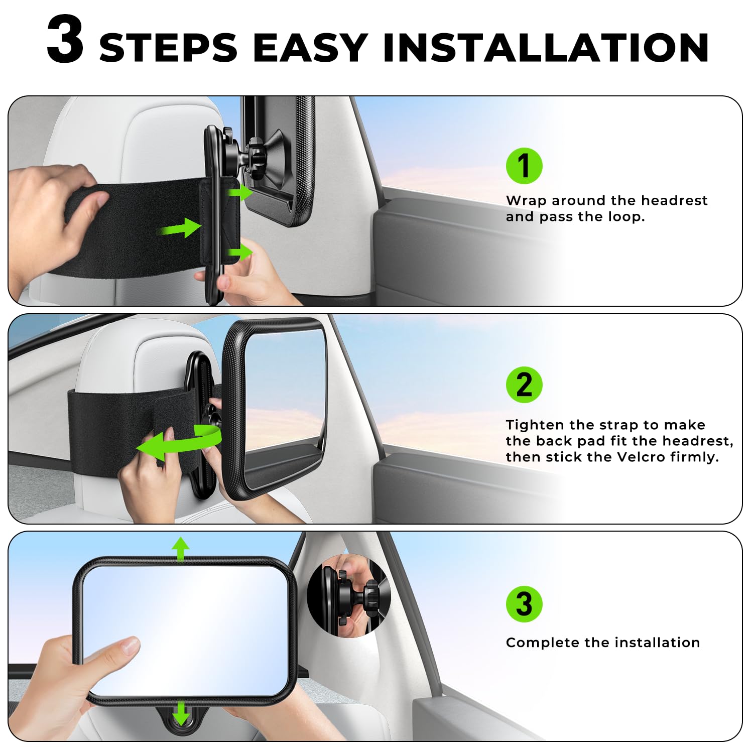 Mirrorsafe wide field of view helps monitoring infant during travel.
