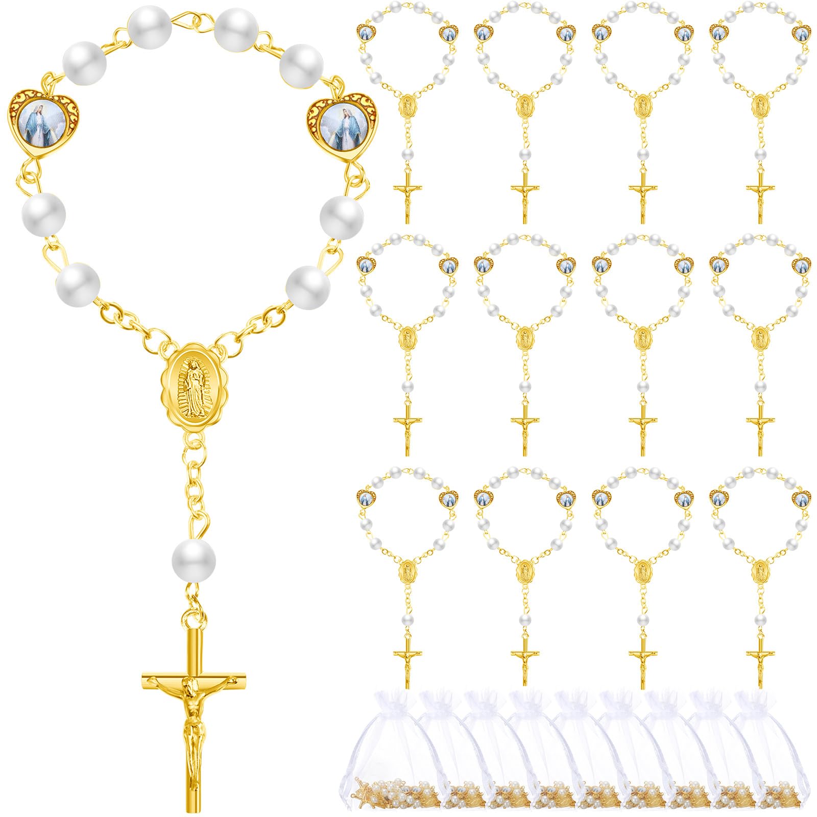 Misdary baptism rosary with faux pearls on a gold chain for guest keepsakes.