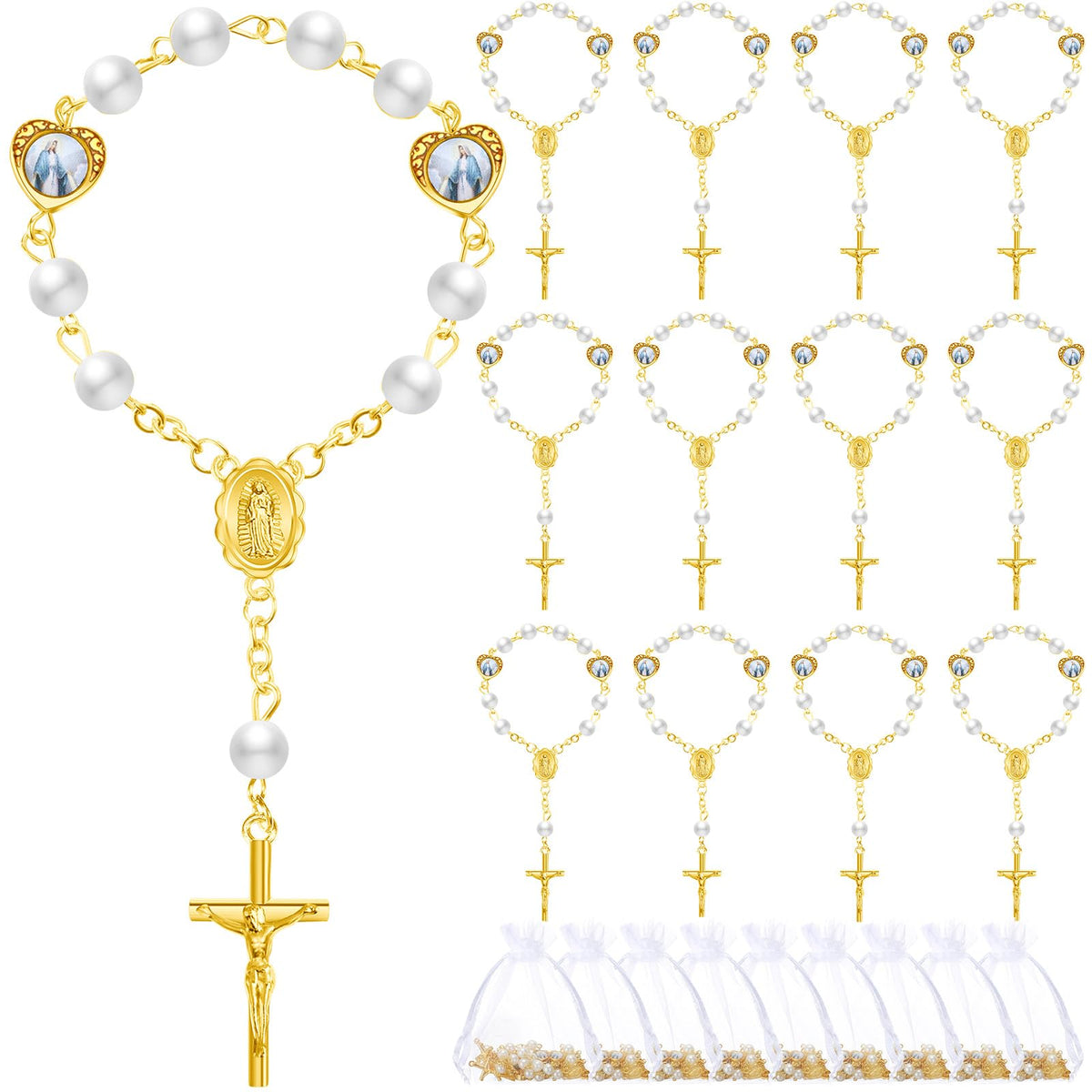Misdary baptism rosary with faux pearls on a gold chain for guest keepsakes.