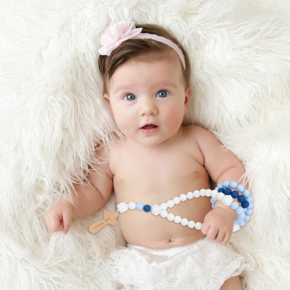 Misdary blue square design complements christening decor beautifully