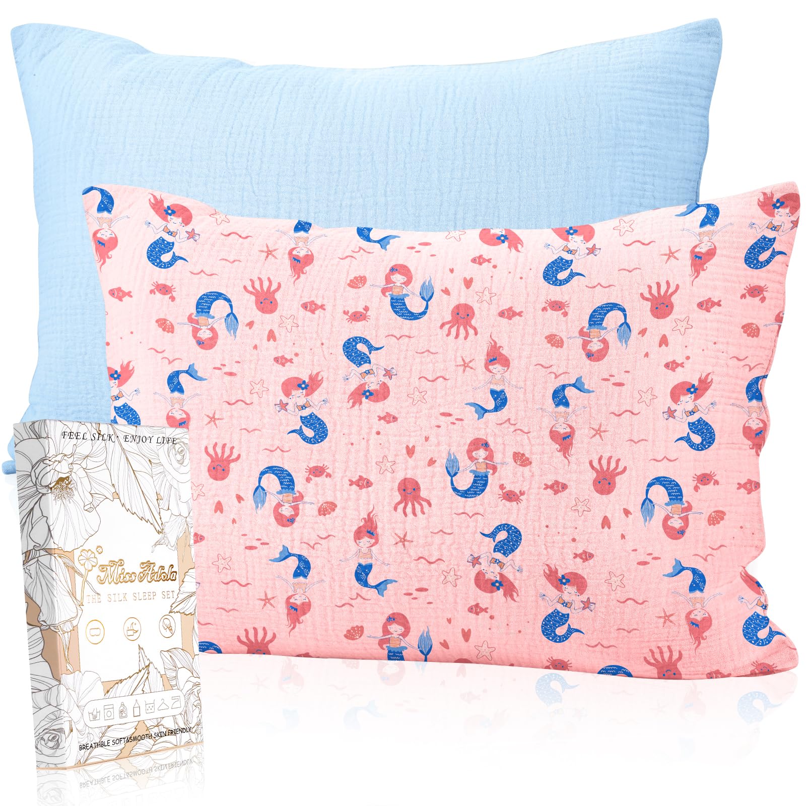 Miss Adola mermaids sky blue toddler pillowcase front view, soft cotton for gentle sleep