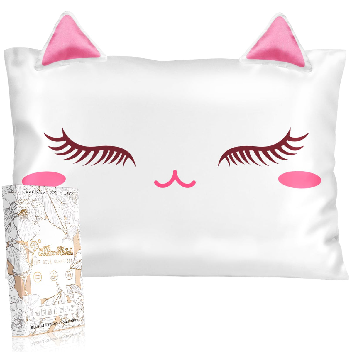 Miss Adola silk pillowcase for kids with cute cat pattern for cozy sleep.