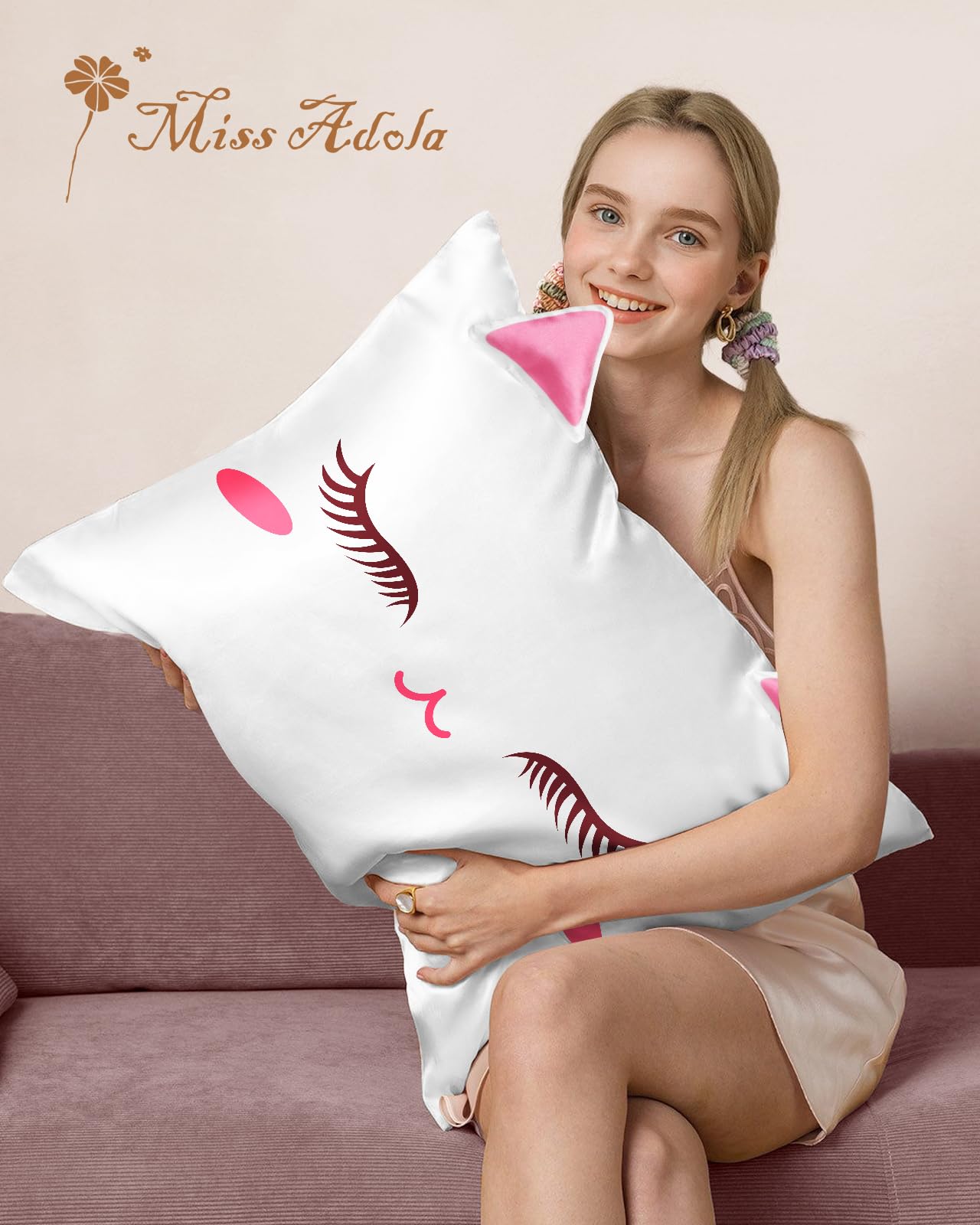White cat motif on Miss Adola pillowcase fits standard 20x26.
