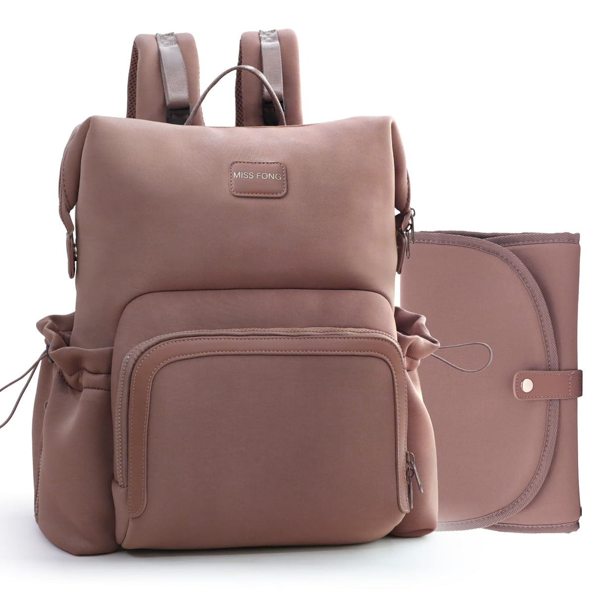 Miss Fong diaper bag backpack front pocket with dual zipper enables quick one-handed access.