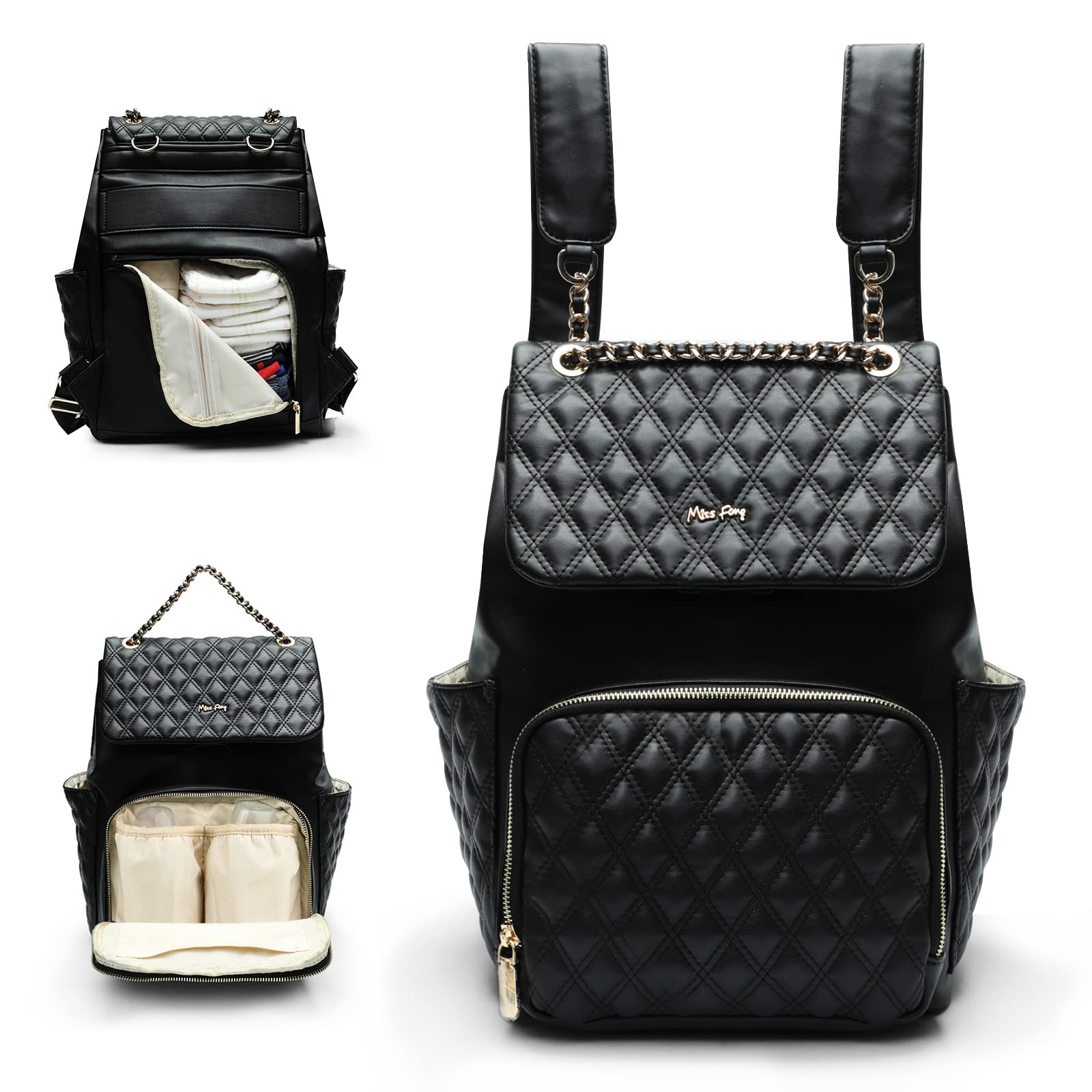 Miss Fong diaper bag backpack front pocket for quick baby-essentials access.