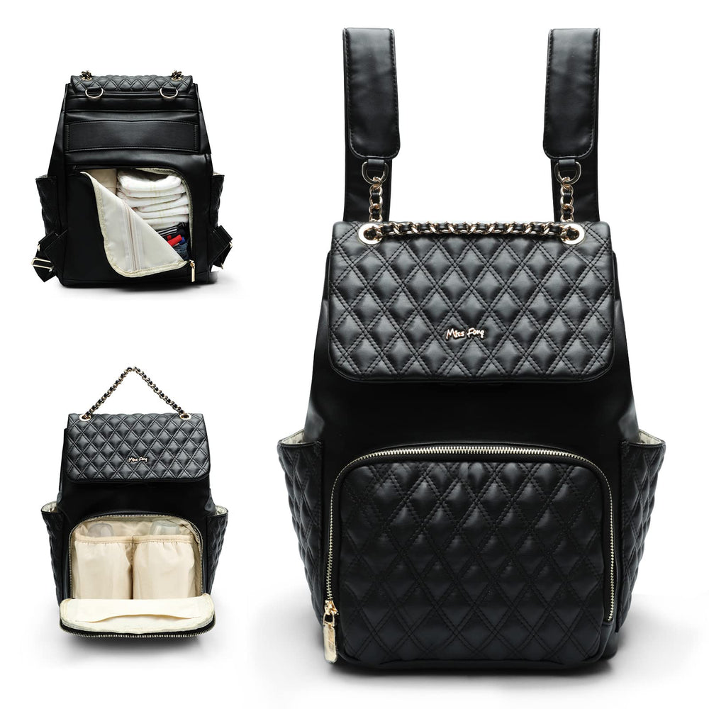 Miss Fong diaper bag backpack front pocket for quick baby-essentials access.