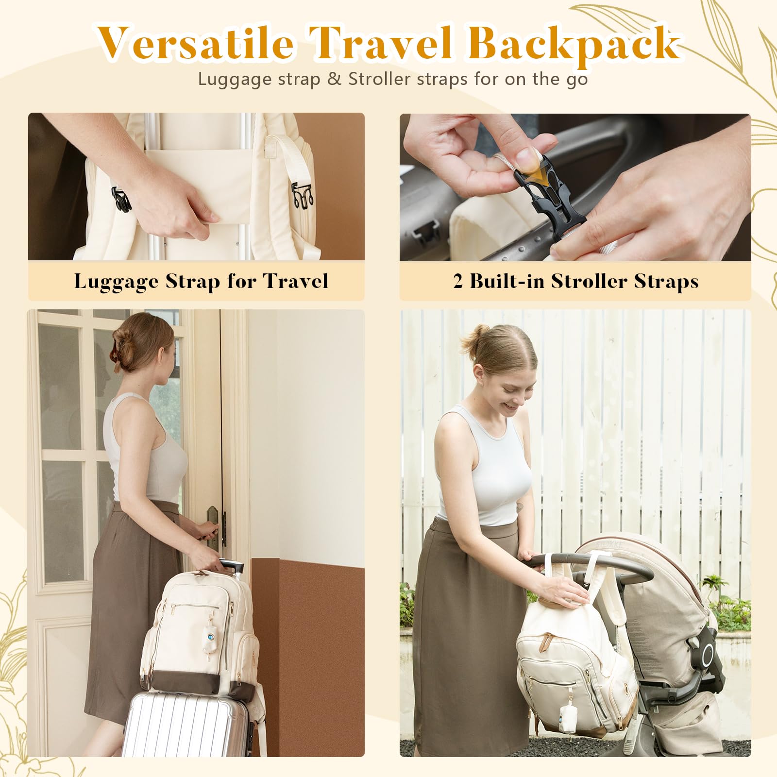 Miss Fong diaper bag backpack with luggage sleeve for travel convenience.