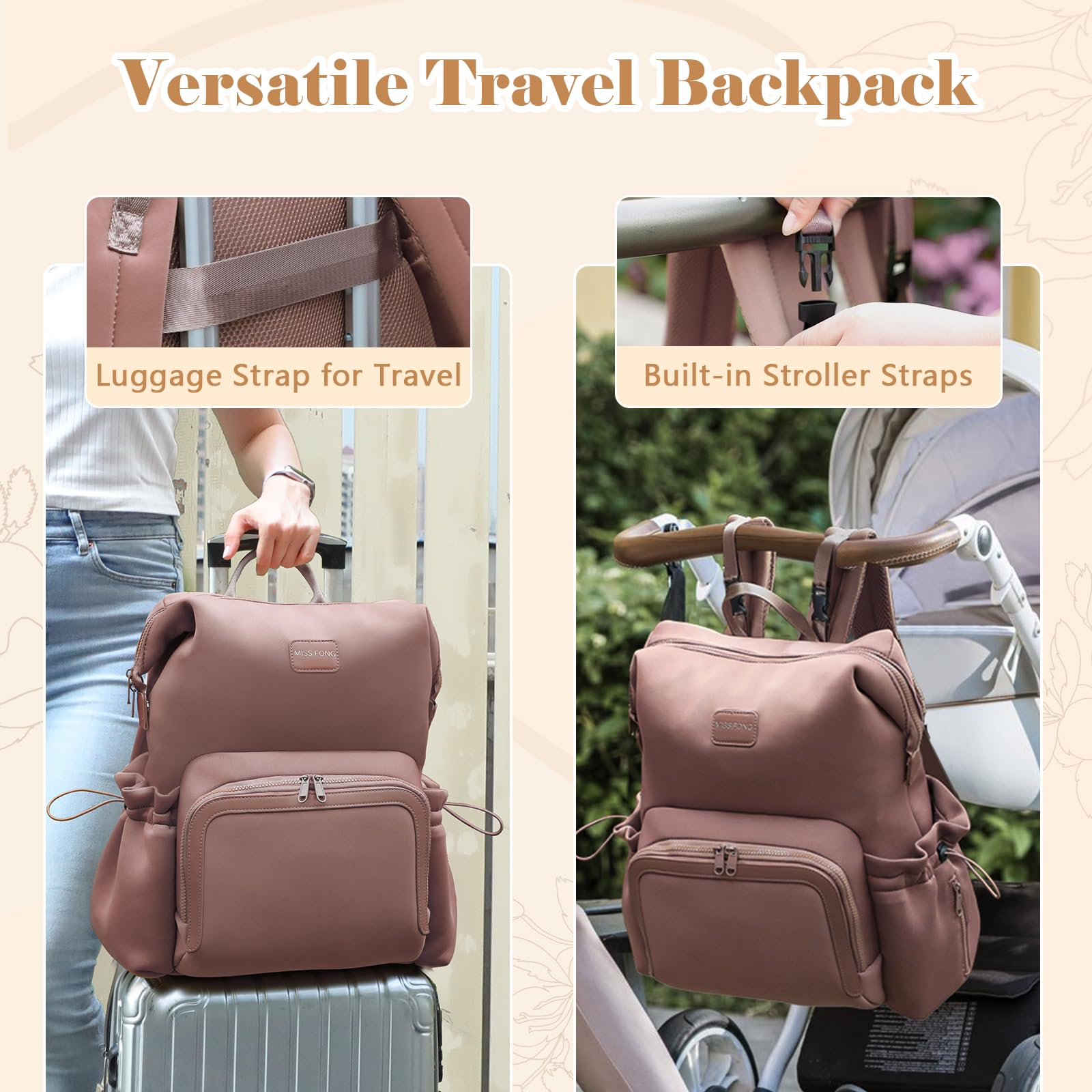 Miss Fong diaper bag backpack luggage sleeve for travel convenience.