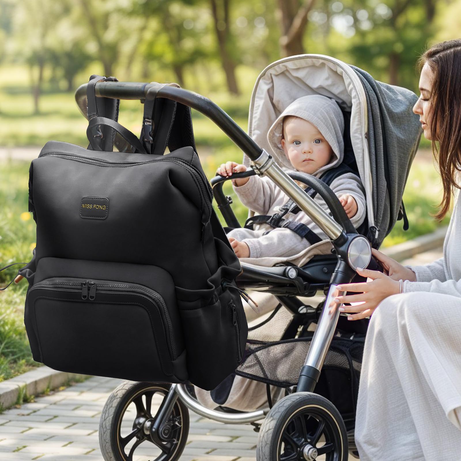 Miss Fong diaper bag backpack main compartment keeps baby items organized