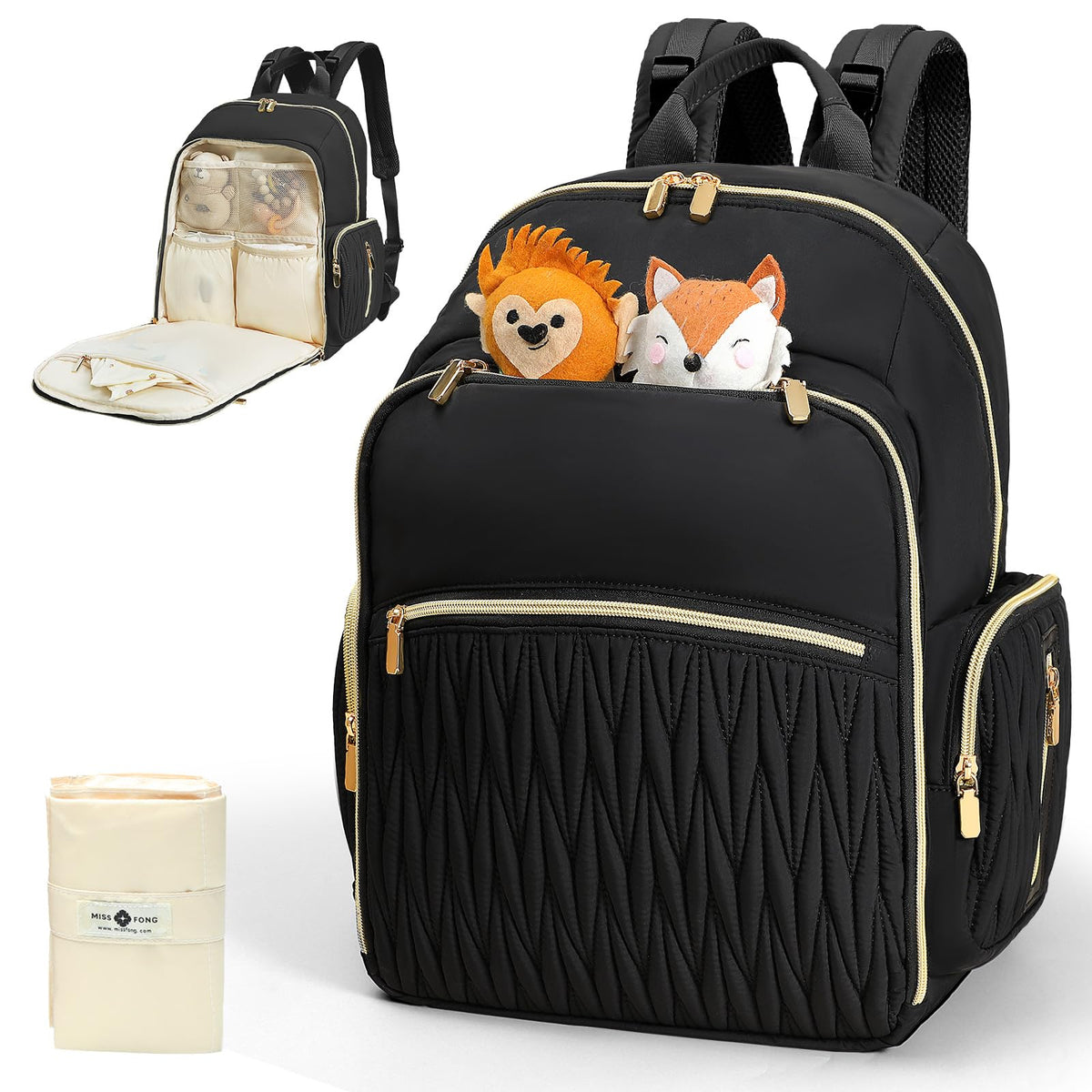 Miss Fong diaper bag front pocket for quick-access items during outings.