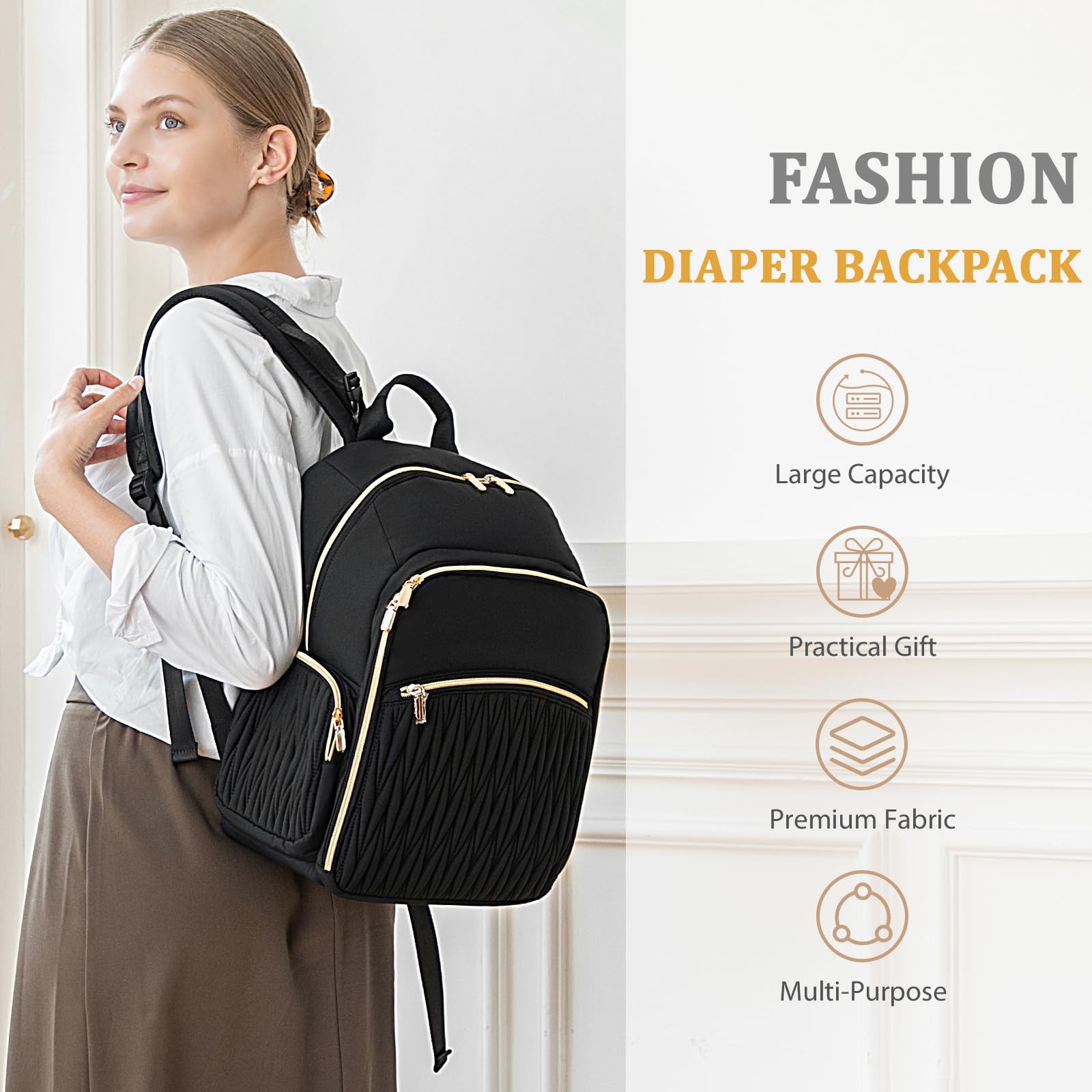 Miss Fong diaper bag back pocket with luggage sleeve for travel.