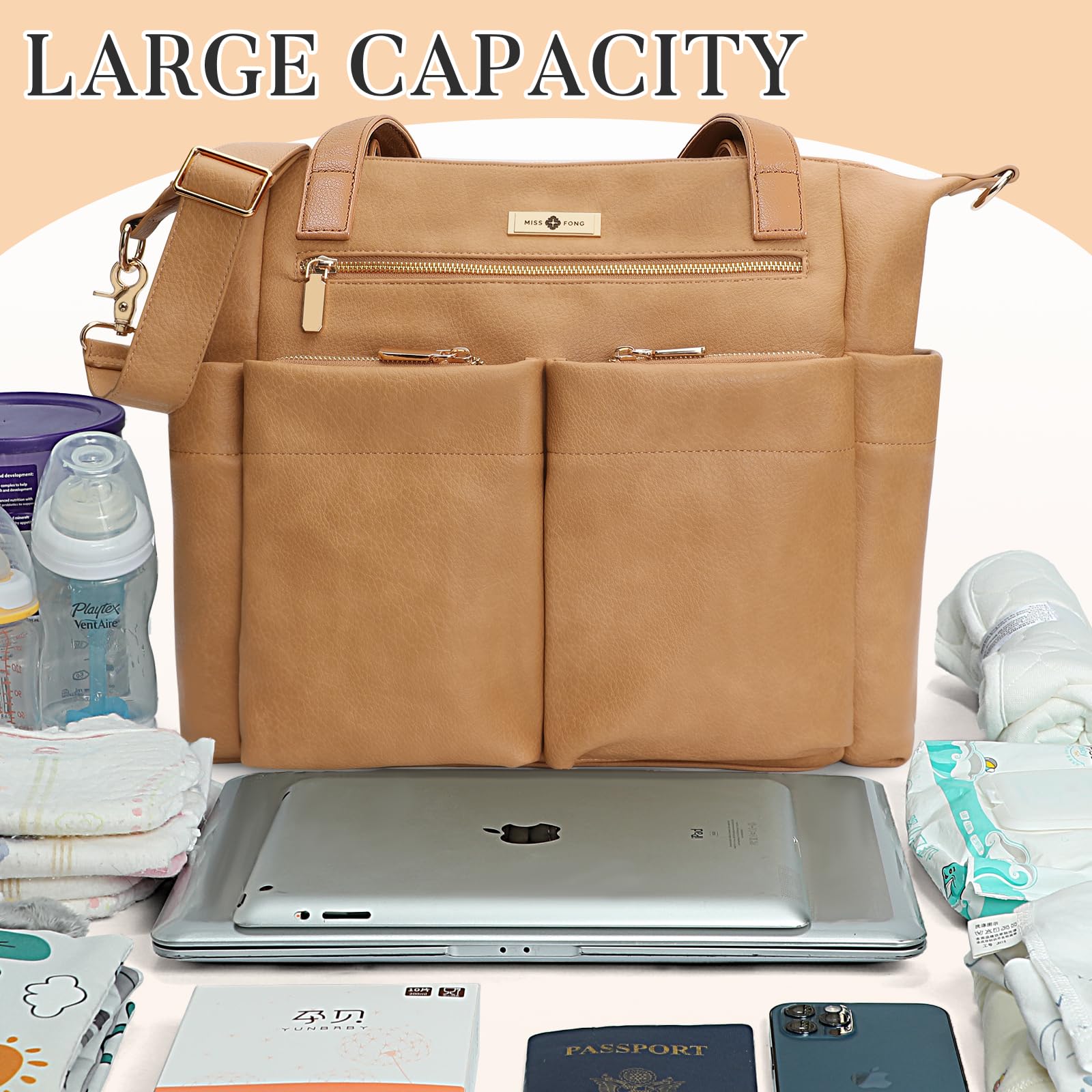 Miss Fong diaper bag tote insulated bottle pockets for beverages on the go.