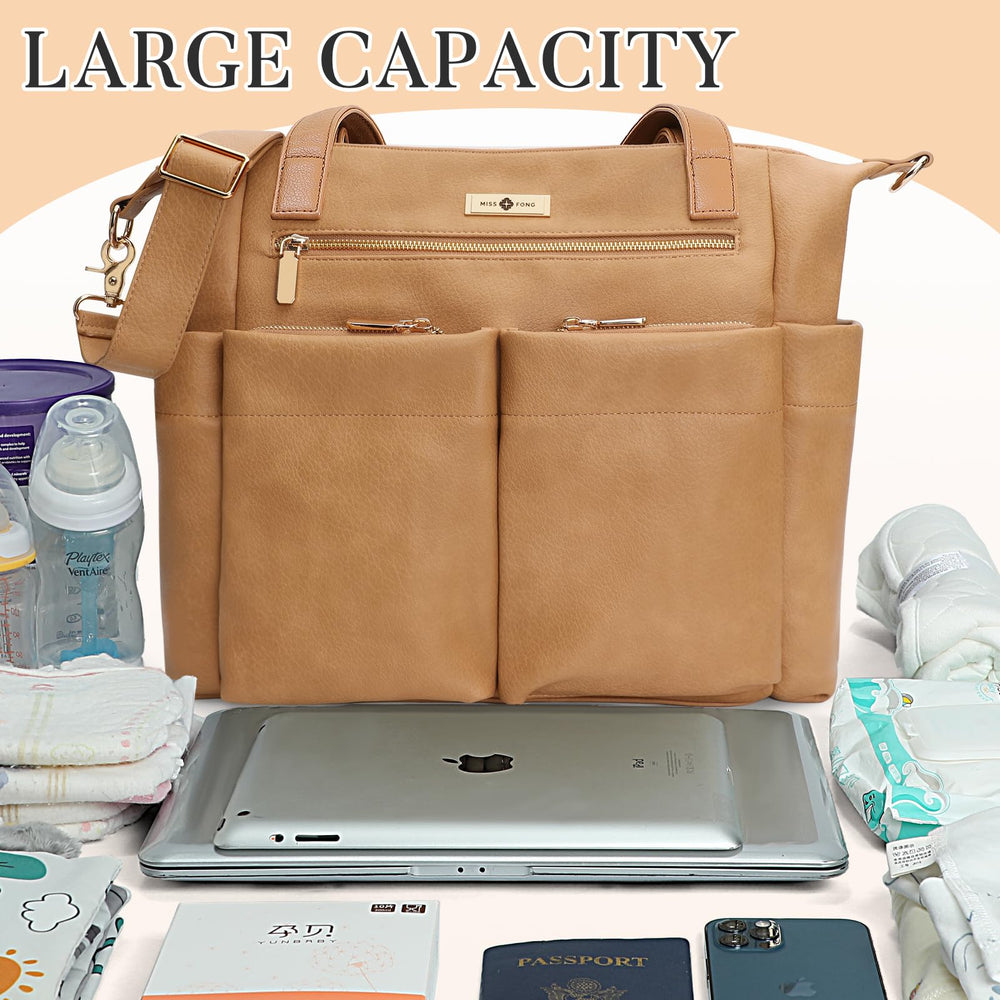 Miss Fong diaper bag tote insulated bottle pockets for beverages on the go.