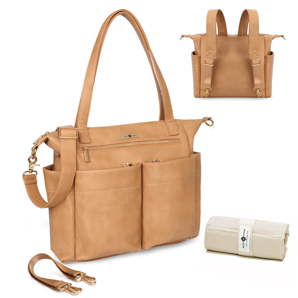 Miss Fong diaper bag tote front view, stylish leather with easy-access compartments.