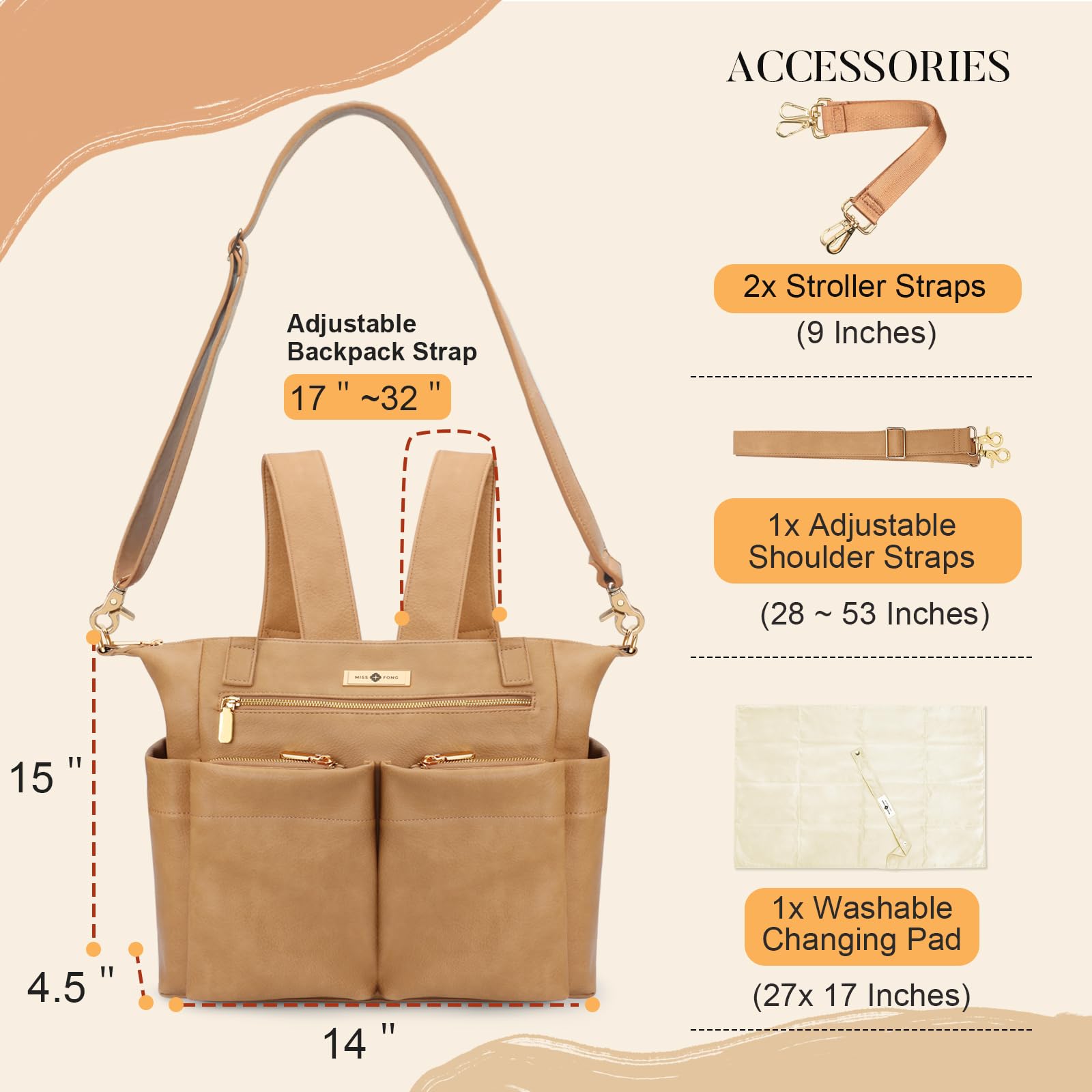 Miss Fong diaper bag tote pocket layout showing outer and inner storage.