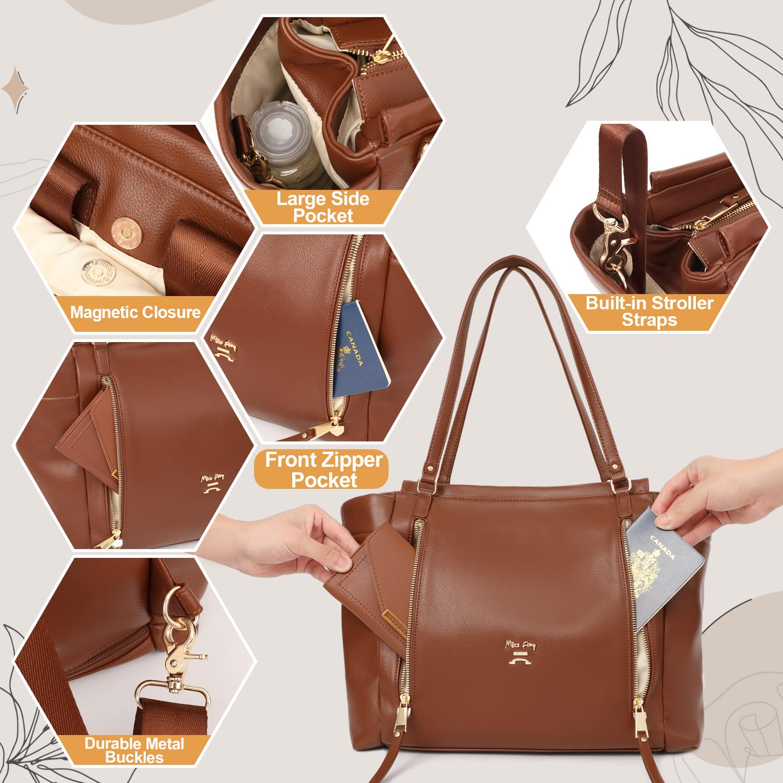Miss Fong leather diaper bag tote showing 12 pockets layout for outings.