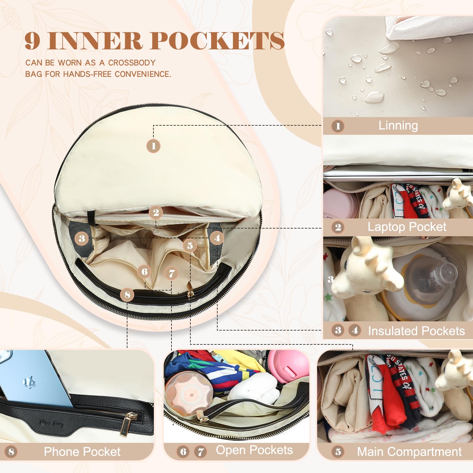 miss fong Moon Shaped Diaper Bag bottle pockets keep bottles within reach on the go