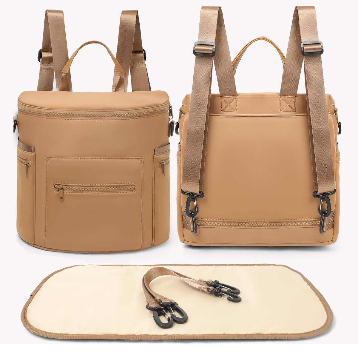 Miss Fong neoprene diaper bag in brown, front view shows compact travel design