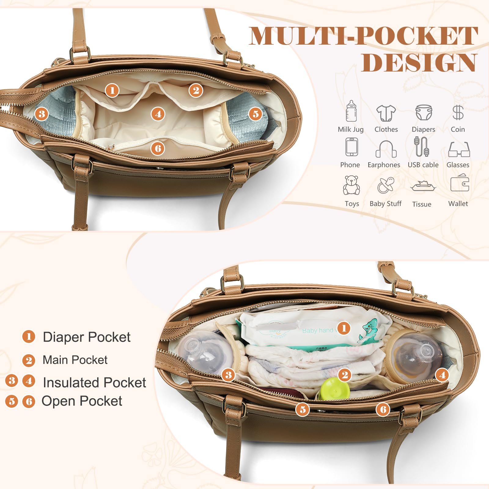 Miss Fong inner pockets organize phones, cards, and baby wipes.