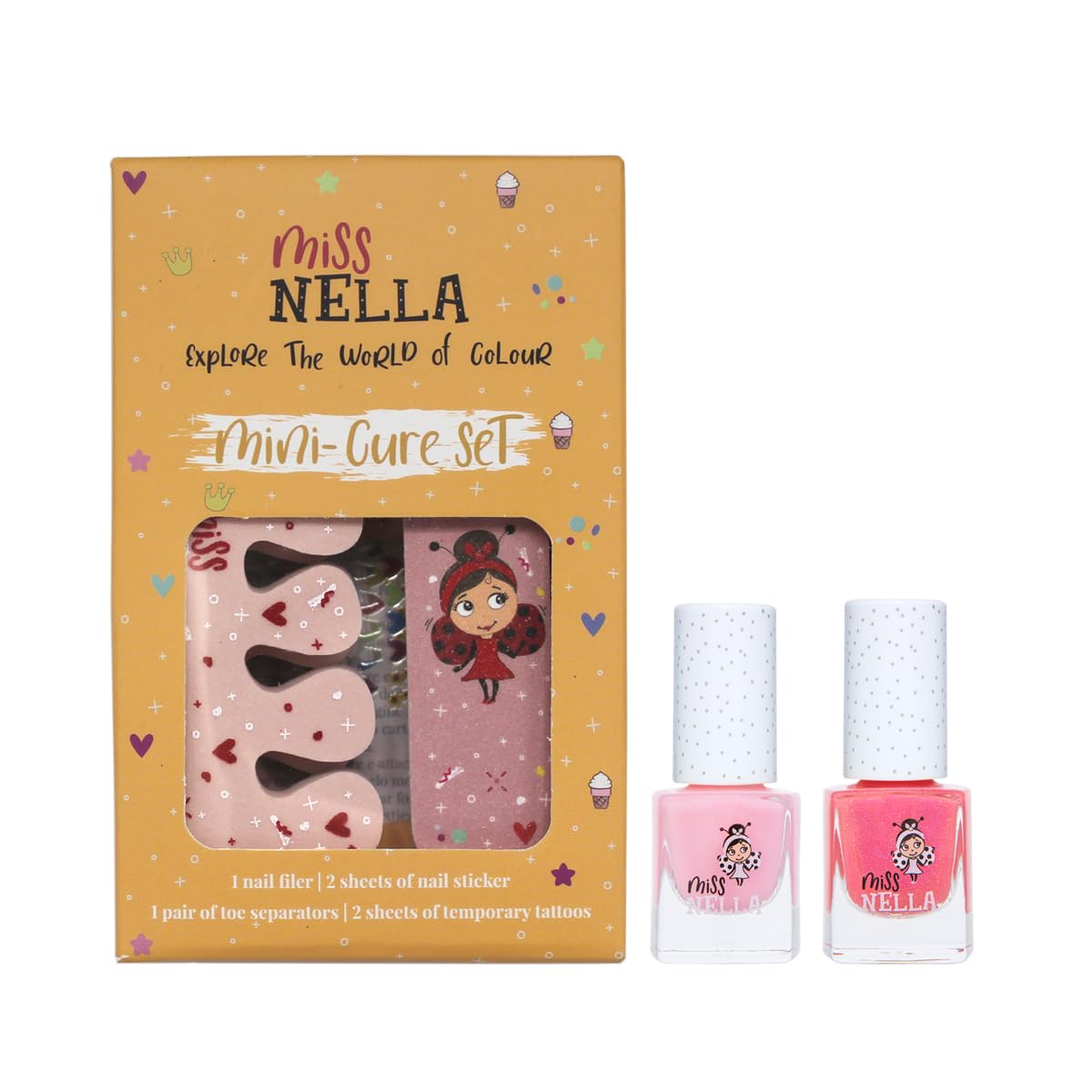 Miss Nella peel-off polish bottles ready for mess-free play and easy removal.