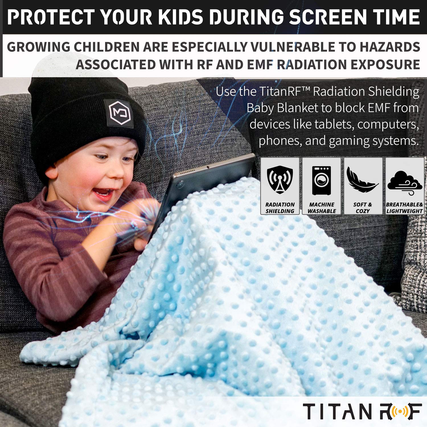 Mission Darkness TitanRF blue blanket in car seat providing calm shielded feel