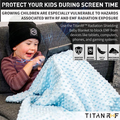 Mission Darkness TitanRF blue blanket in car seat providing calm shielded feel