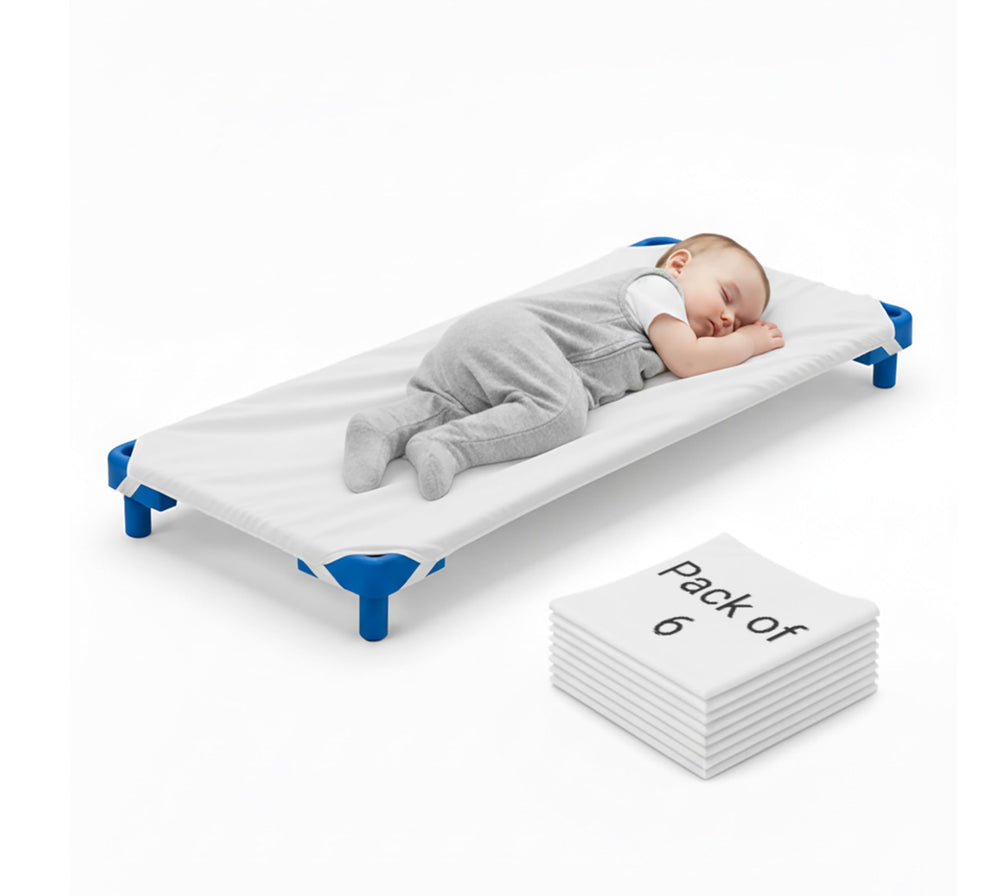 Mississippi Cotton daycare cot sheets product shot of clean white 6-pack fitted covers.