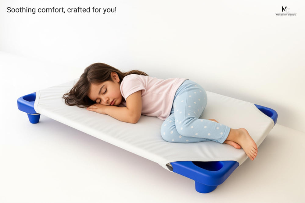 Mississippi Cotton cot sheets corner elastic straps illustrate secure fit.