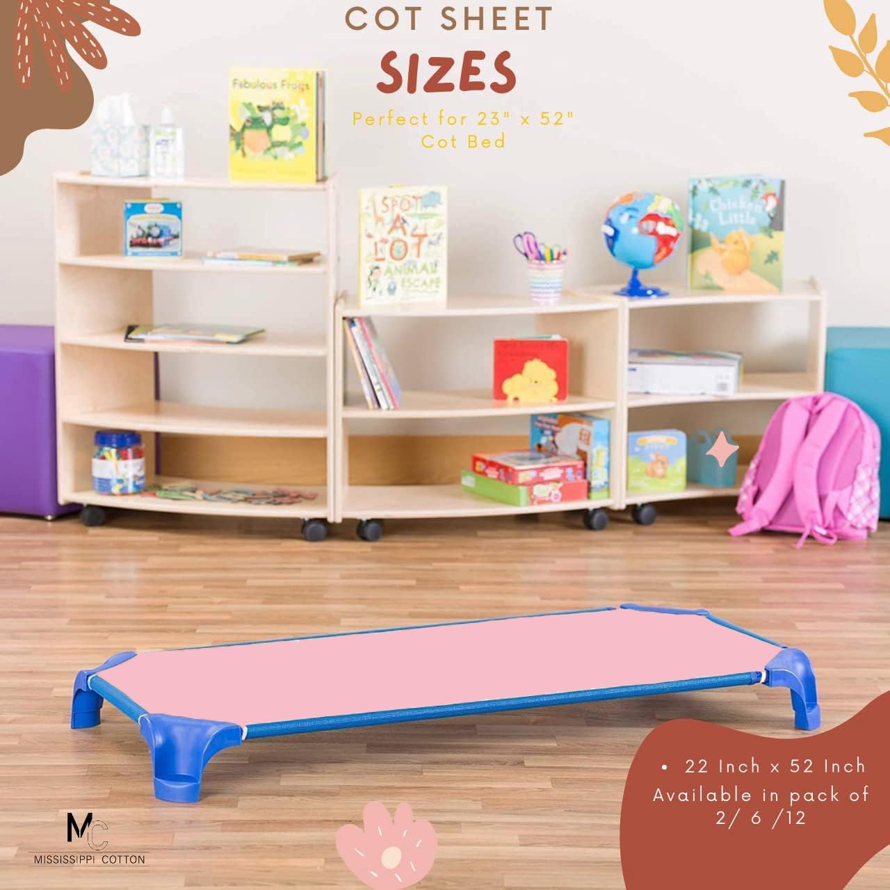Mississippi Cotton Pack6 cot sheet blush 22x40 dust cover for daycare cots.