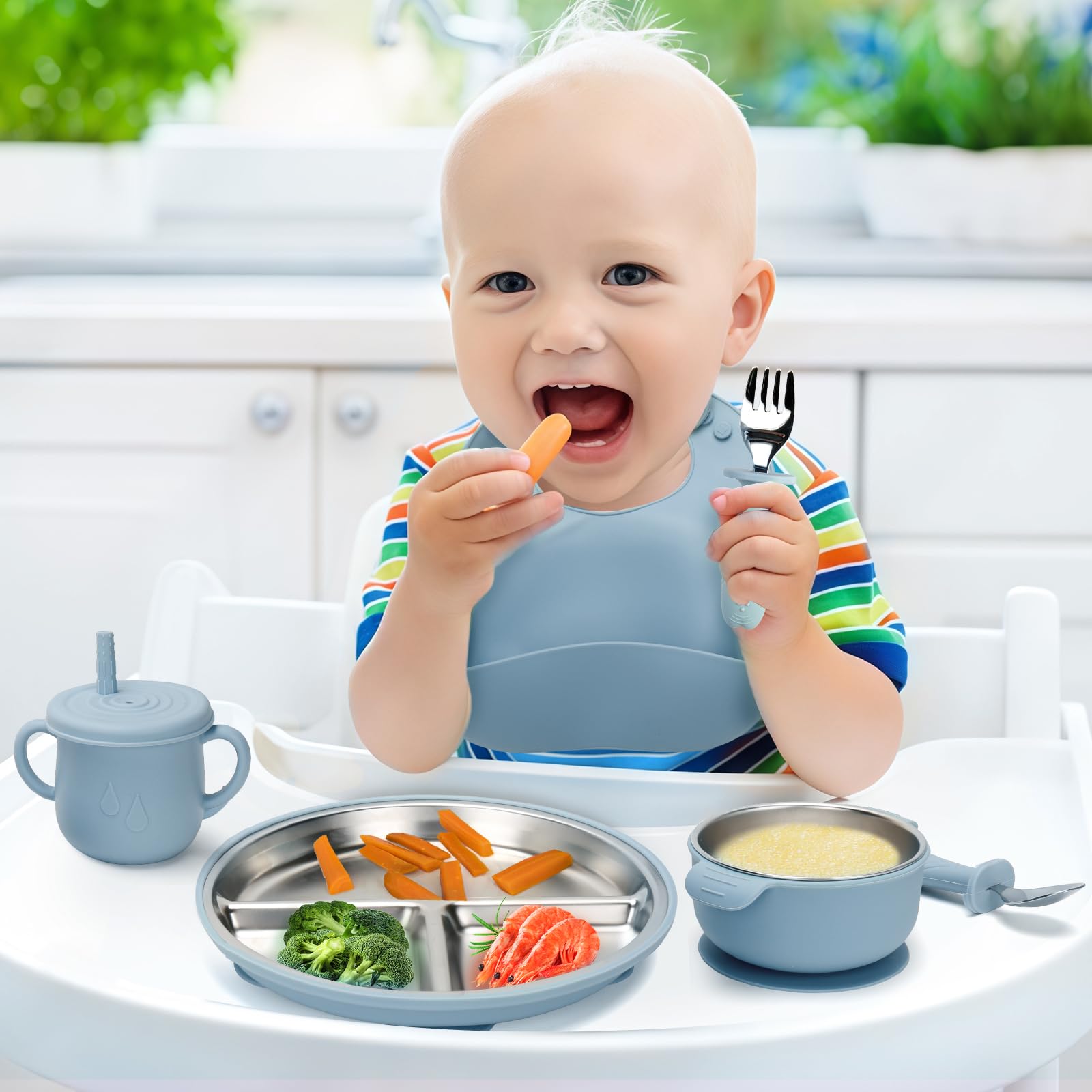 MISSLILI blue baby feeding set shown in a tidy mealtime setting
