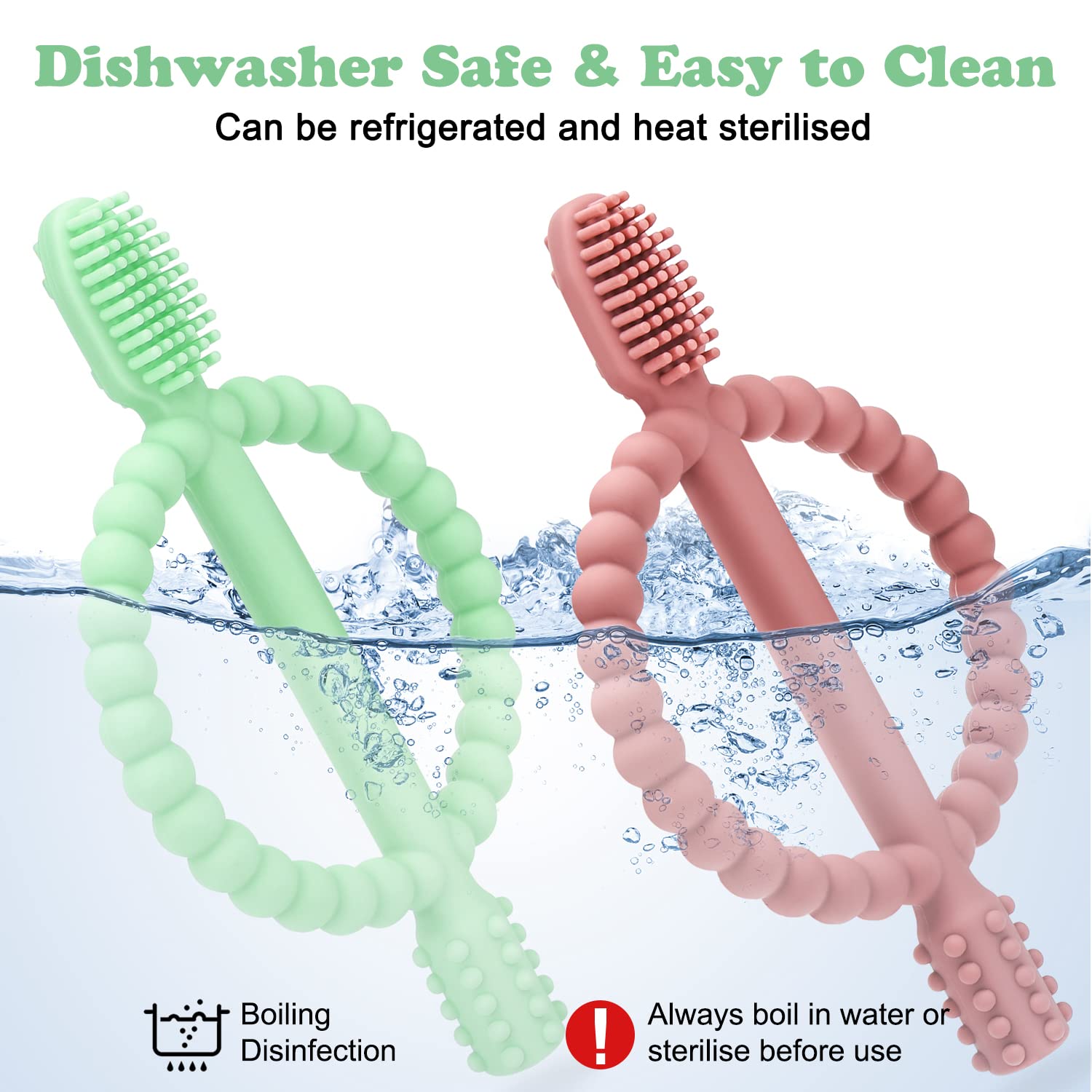 MISSLILI easy-clean teether safe for dishwasher and boiling sterilization.