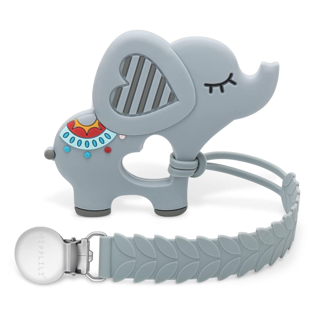 MISSLILI elephant teether in gray, safe silicone for teething relief and easy grip.