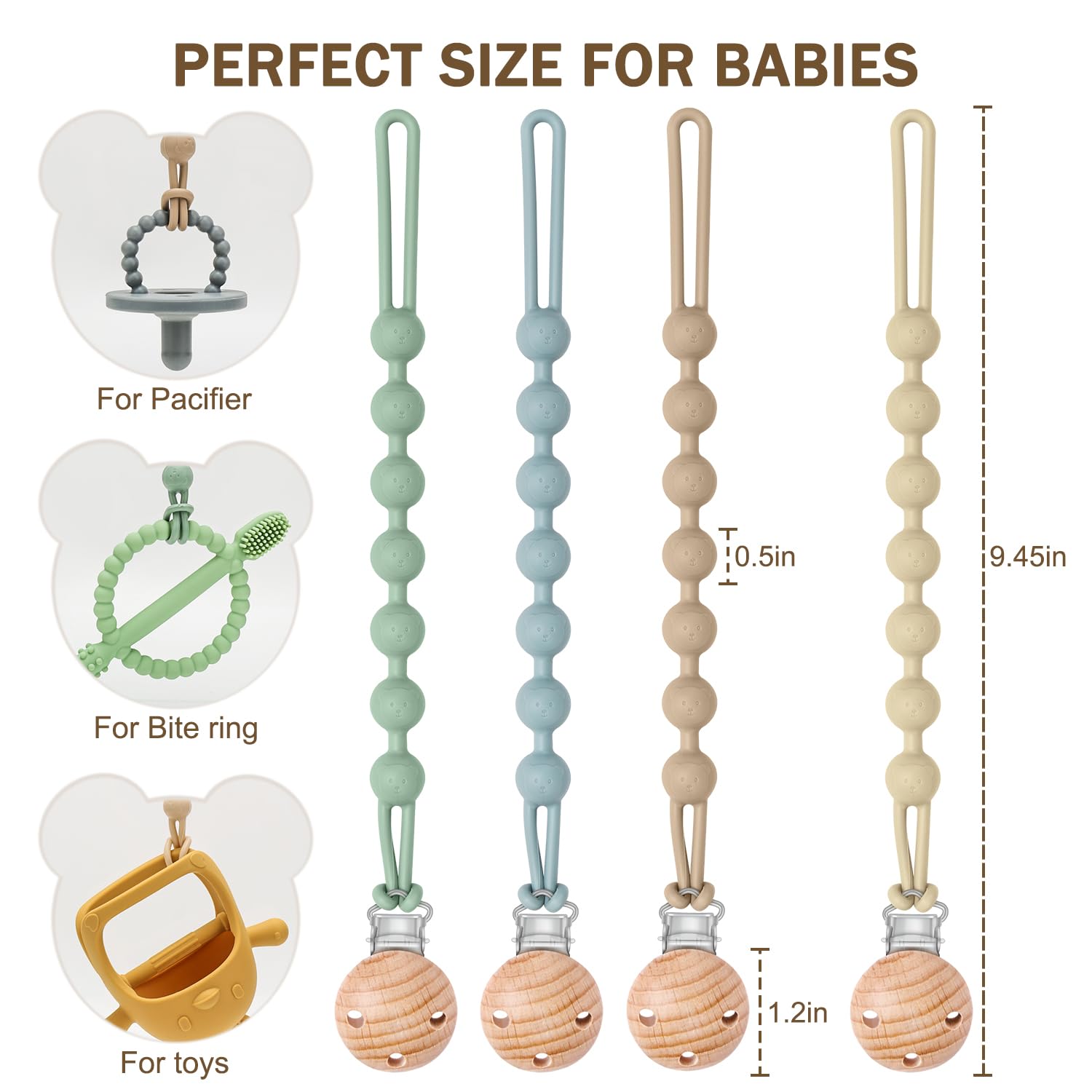 MISSLILI pacifier clip in food-grade silicone for clean, soothing teething gums