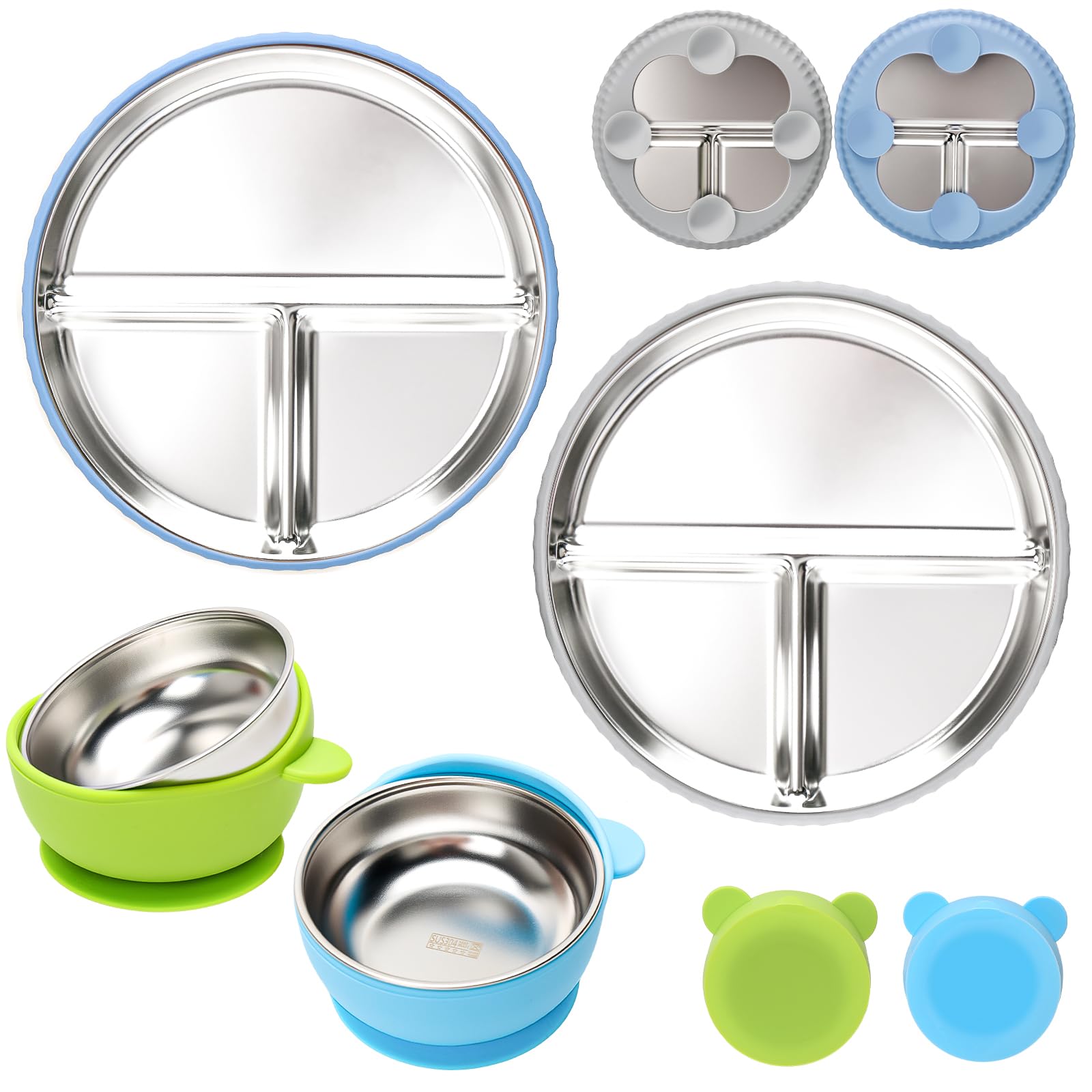MISSLILI stainless steel kids plates with suction base keep meals tidy at home.