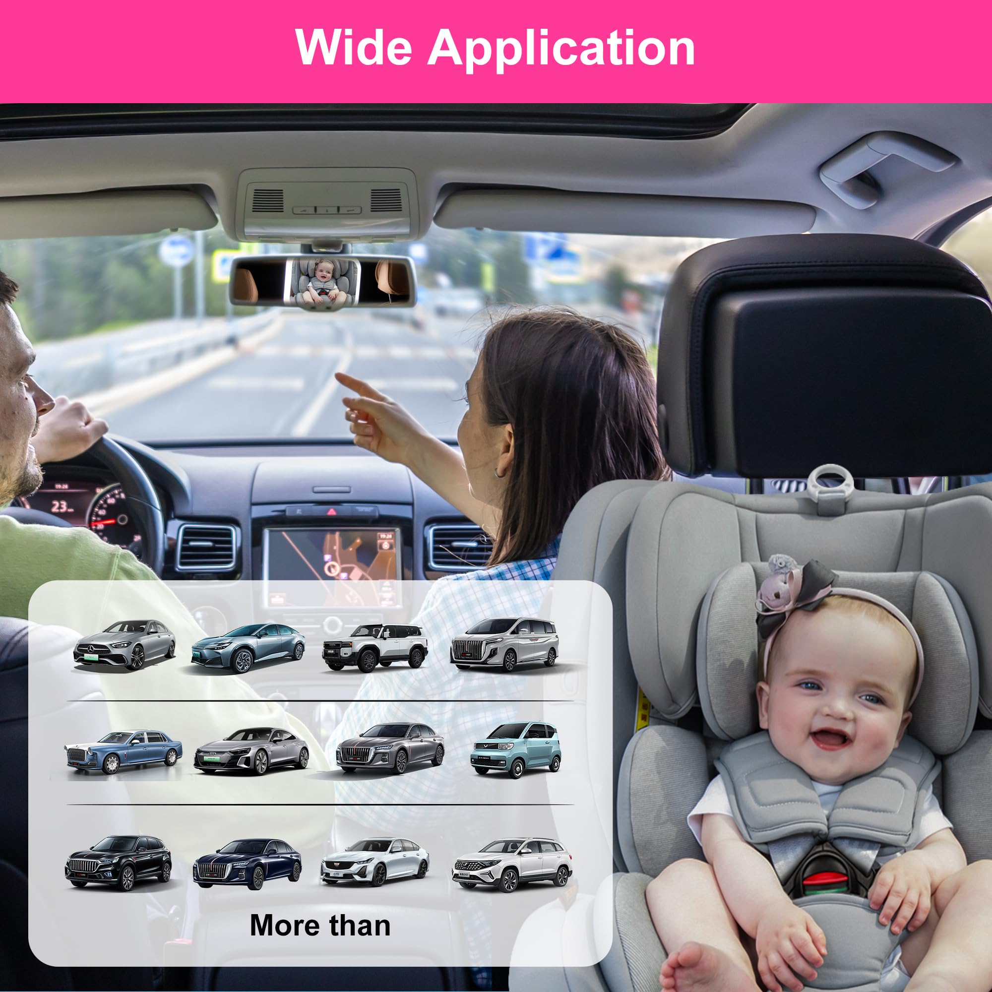 MissMeeca baby car mirror provides rear-facing view for easy monitoring.