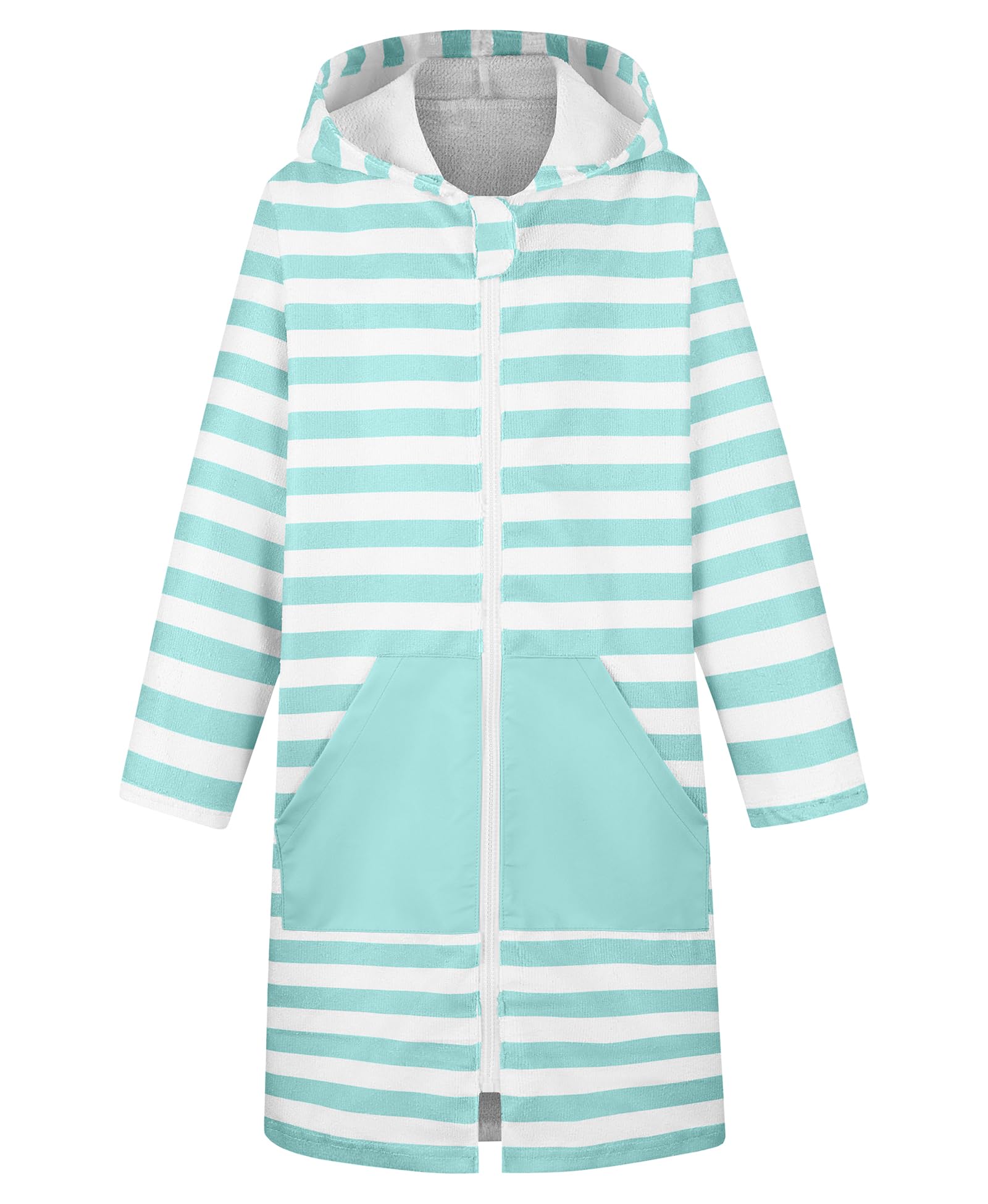 MissShorthair hooded towel poncho zipper close-up shows easy on/off for kids