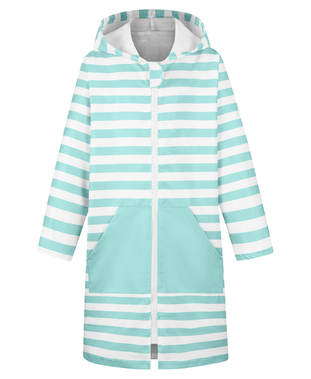 MissShorthair hooded towel poncho zipper close-up shows easy on/off for kids